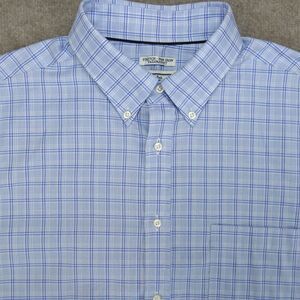 Jos A Bank Traveler Shirt Men 17-33 Tailored Blue Plaid Button Down Long Sleeve